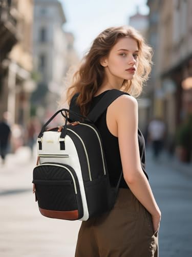 VANKANY Laptop Backpack for Women, Bookbag for Teacher Work College Back Pack with Charging Hole High School Backpack for Teen Girls Water Resistant, BeigeBlack Brown
