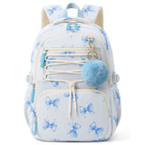 WOBAGMEN Corduroy Backpack for Kids Girls,Cute Aesthetic School Backpack with Multi-Pocket,Lightweight Bookbag Fits 15.6" Laptop,Large Capacity Casual Daypacks for Middle High School College,Blue Bow