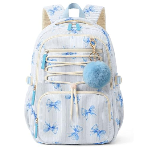 WOBAGMEN Corduroy Backpack for Kids Girls,Cute Aesthetic School Backpack with Multi-Pocket,Lightweight Bookbag Fits 15.6" Laptop,Large Capacity Casual Daypacks for Middle High School College,Blue Bow