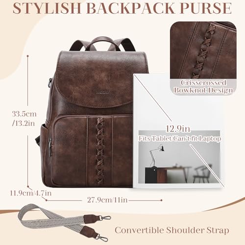 VASCHY Backpack Purse for Women, Fashion Cute Vegan Leather Flap Backpack Convertible Handbag for Ladies with Guitar Strap Coffee