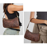 S-ZONE Leather Shoulder Bag for Women Small Crossbody Bags Hobo Purses with 2 Straps (Rose Pattern Dark Brown)