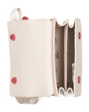 Betsey Johnson Crossbody Bag with Attached Charm, Cream with Red Cherry Studs, Dual Compartment, Adjustable Strap, 8x6 Inch