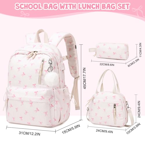 ACESAK Backpack for Girls - Corduroy Girls Backpack with Lunch Bag & Pencil Pouch for Teen Kids Laptop Backpack for Women, Middle High School Bookbag Travel Daypack (Beige Bow Tie)