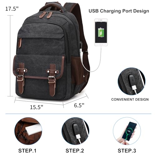 LUNLOPIK Canvas Laptop Backpack with USB Charging Port, Vintage Daypack for Men Women, Black Travel Work Rucksack College Computer Bag Bookbag Fits 15.6 Inch Lapop, Black