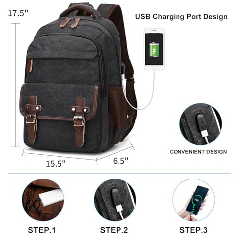 LUNLOPIK Canvas Laptop Backpack with USB Charging Port, Vintage Daypack for Men Women, Black Travel Work Rucksack College Computer Bag Bookbag Fits 15.6 Inch Lapop, Black
