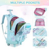 FIXITOK Rolling Backpack for Girls, Kawaii Bunny Roller Wheels School Backpacks with Lunch Bag Pencil case, Wheeled Suitcase Bookbag for Elementary Travel Dreamy Aquamarine