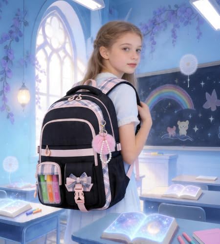 QIXIHU Girls Backpack, 17-Inch Bookbag for Middle & Elementary School, Kawaii Kids Backpack for Girls Ages 6-12(Black Pink)