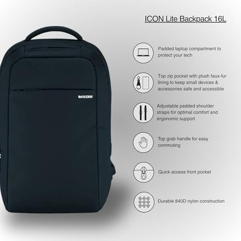 Incase ICON Lite Backpack - 16L Tech Backpack with Faux Fur 16" Laptop Compartment, Quick Access Pocket - Lightweight, Organized, 3 Zippered Pockets - Black