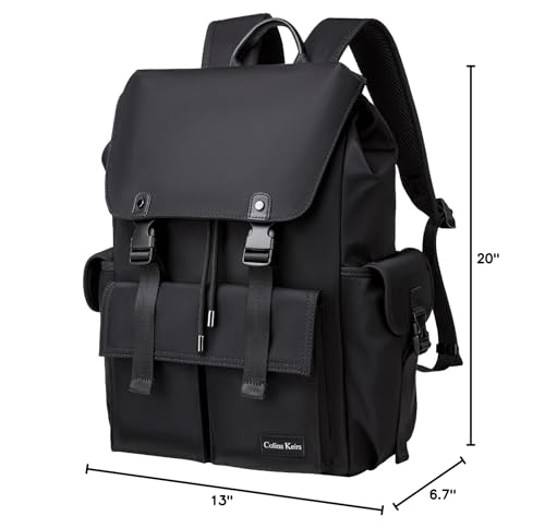 Colins Keirs Black Backpack for Men, 16 Inch Laptop Backpack with Computer Compartment, Drawstring Slim Waterproof Tech Backpack for Travel, Work, College or Daily Use