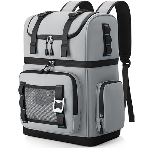 YOUNGOA Large Waterproof Insulated Cooler Backpack for Men & Women, Double Decker Leak Proof for Beach, Camping, Picnic, Travel, 26L Capacity, 44 Cans (Gray)