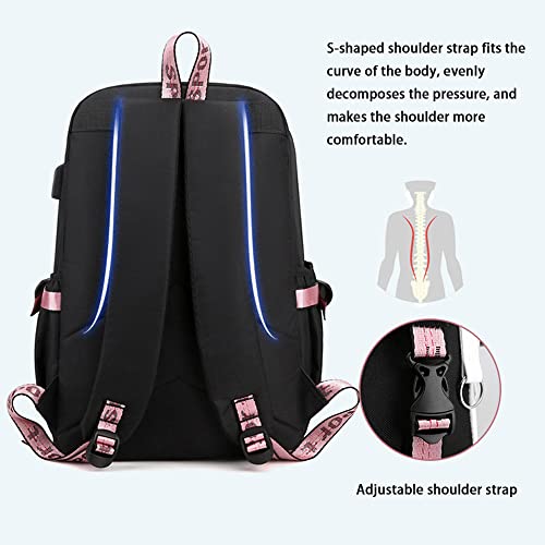 CUSALBOY Fashion Trend Backpack Anime Cosplay Laptop Backpack With USB and Cute Cartoon Pattern (black) (black 1)
