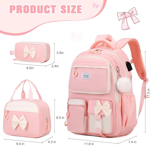 Bevalsa Backpack for Girls, Cute Bow School Bags for Kids with Lunch Bag & Pen Case, Bookbag for Girls Children Teens Elementary Middle Student, Back to School Gift with USB Charging Port