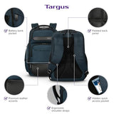 Targus HeritageLuxe Backpack 15-16” – Blue Laptop Bag with SafeSling Protection, RFID Pocket, USB-C Charging, Tracker Slot, Eco Fabric, Leather Accents - TBB65602GL