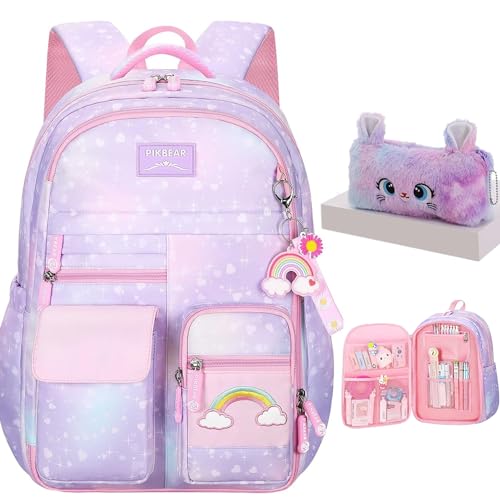 Kids Backpack for Girls Girls Backpack Rainbow School Bag for Elementary Primary School With Pen Bag -16inch Purple