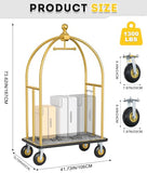 Hotel Luggage Cart, Brushed Stainless Steel Finish Bellman's Cart, Valet Cart with Grey Carpeted Deck and 8‘’ Rubber Wheels, Ideal for Hotels, Condos, Resorts, 1300Lbs Load (Gold, 42''L x 74''H)