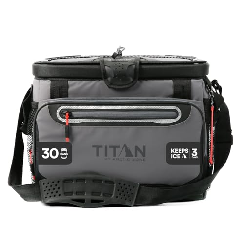 Titan by Arctic Zone Zipperless Soft Sided Cooler with HardBody Liner and SmartShelf, Insulated Bag with Shoulder Strap and Bottle Opener for Beach, Picnic, and Travel, 30 Can Capacity, Sharkskin Gray