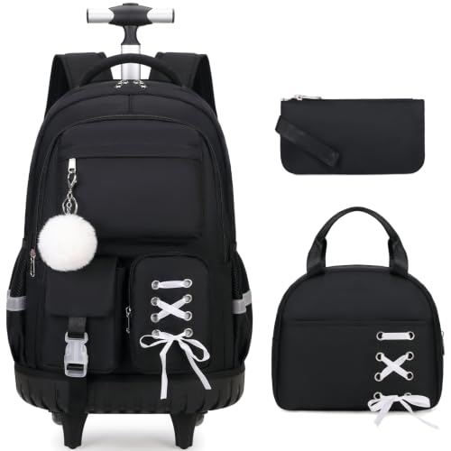 Scothen Rolling Backpack for Girls, Girls Backpack Set with Lunch Box & Pencil Pouch for Teen Girl Kids Children Elementary Middle School, Bookbag Daypack Laptop Travel Backpack with Wheels (Black)