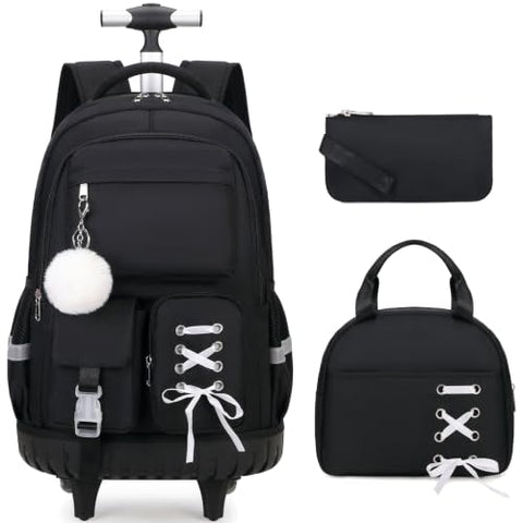 Scothen Rolling Backpack for Girls, Girls Backpack Set with Lunch Box & Pencil Pouch for Teen Girl Kids Children Elementary Middle School, Bookbag Daypack Laptop Travel Backpack with Wheels (Black)