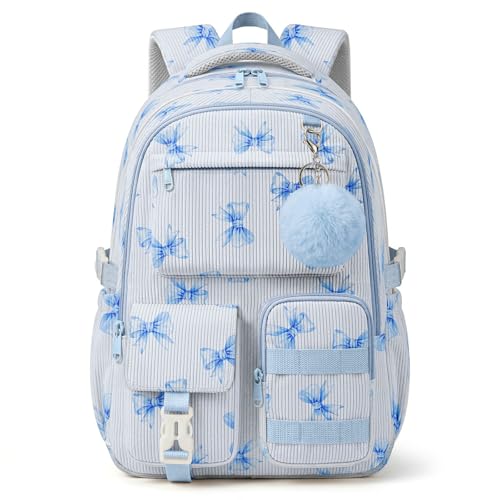 shiprabags Corduroy Backpack for Teen Girls, Aesthetic Cute Blue Bow School Backpack with Multi-Pocket, Lightweight Bookbag Fits 15.6 Inch Laptop, Large Capacity Casual Daypack for School Travel
