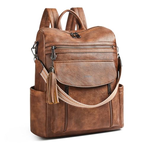 Shrrie Laptop Backpack for Women 15.6 inch,Travel Leather Backpack Purse Nurse Teacher Carry on Backpack Computer Bag,Professional Water-Resistant College Business Work Casual Daypack,Two-toned Brown