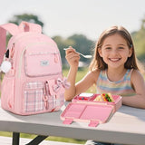 Bevalsa Backpack for Girls, Bow Plaid Bookpack with Bento Lunch Box, Insulated Bag & Utensils, 34oz Lunch Containers School Bags Set for Children Teens Kids Elementary Middle school Student (Pink)