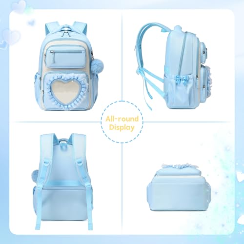 MOONBABY Girls Backpack for School, Kids Bookbag for Ages 6-12, Bowknot Cute Kawaii Ita Backpack With Sweet Heart Pocket, 17 Inches
