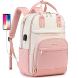 Laptop Backpack for Women College Bookbag: 15.6 Inch Cute Work Backpacks with USB Charger Waterproof Stylish Womens Computer Bag for Teachers Nurses Casual Business Travel Back Pack (Pink Beige)
