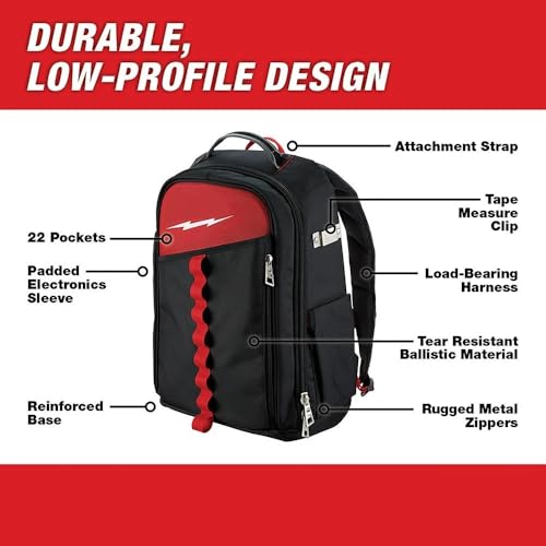 48-22-8202 Tool Backpack for Milwaukee 22-Pocket Low-Profile Backpack Length 7.87 in Width 11.80 in Height 19.6 in - Black