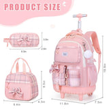 Bevalsa Rolling Backpack for Girls, Roller Backpack with Wheels, Cute Bow Plaid Wheeled School Bookbag Set with Lunch Bag & Pen Case, Suitcases for Kids Teens Elementary Middle Student (Pink)