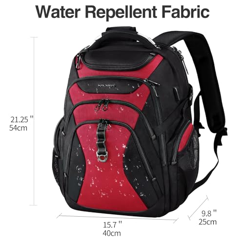 KROSER Travel Laptop Backpack 18.4 Inch XXXL Gaming Backpack with Hard Shell Saferoom RFID Pockets Water-Repellent Business College Daypack Stylish Laptop Bag for Men/Women-Black Red