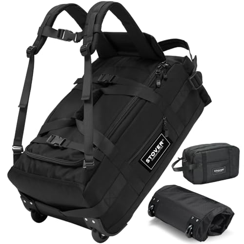 Bolsa de lona con ruedas Stover 45/100L Carry-On U-Zip, mediana, duradera, con neceser, resistente, plegable con correas para hombros – úsala como equipaje o mochila, para hombres/mujeres (negra)