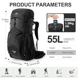 IX INOXTO 55L Internal Frame Waterproof Hiking Camping Backpack with 3L Water Bladder and Rain Cover, Large Lightweight Travel Daypack Rucksack for Climbing (Black)