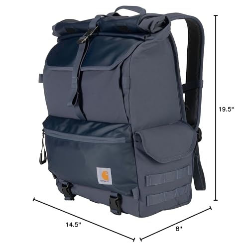 Carhartt 40L Nylon Roll Top Backpack, Heavy-Duty Water-Resistant Material W/ 17" Laptop Sleeve, Bluestone