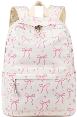 LEDAOU School Backpack for Teen Girls - 15.6 Inch Laptop Backpack, Cute Bow Aesthetic Bookbag, Lightweight Water Resistant Daypack for Middle High School, College and Travel