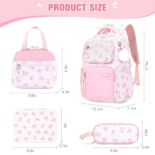 Bevalsa Backpack for Girls, Bow School Bookbag Teen Girls Backpack Set with Bento Lunch Box, Insulated Bag & Pencial Case, 43oz Lunch Containers for Kids Elementary Middle Student (Pink Bow)