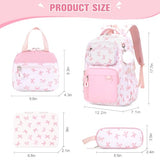 Bevalsa Backpack for Girls, Bow School Bookbag Teen Girls Backpack Set with Bento Lunch Box, Insulated Bag & Pencial Case, 43oz Lunch Containers for Kids Elementary Middle Student (Pink Bow)