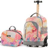 NEW TILAMI 16 Inch Rolling Backpack with Lunch Bag for Kids Adjustable Handle Carry-on Suitcase Wheels for Girls Boys School Travel Camping, Starry Rainbow