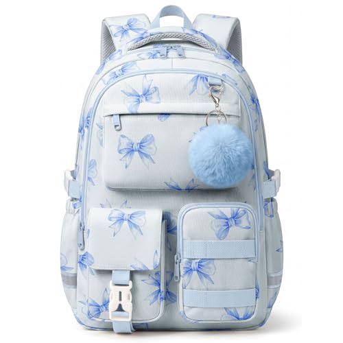 WOBAGMEN Cute Bow Backpack for Teen Girls, Large Capacity Multi-Pocket School Bag Fits 15.6" Laptop, Lightweight Durable Daypack for School and Travel (Blue Bow, M)