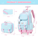 3-IN-1 Rolling Backpack for Girls with Lunch Bag Pencil case, Kawaii Backpack with Wheels for Girls, Roller School Bag with Wheels for Teen Elementary School Bookbags with Cute Pins Aquamarine-Pink