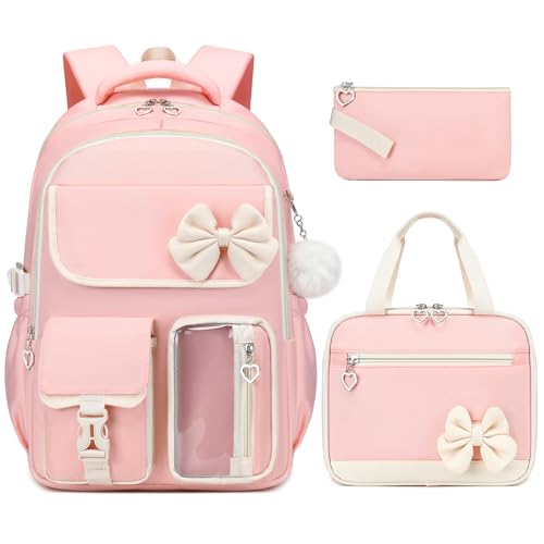 GeeWin Girls Backpack for School with Lunch Box & Pencil Case Set, 17 Inch Waterproof Cute Bow Girls Bookbag for Kids, Teens, Elementary Middle High College School Student (Pink/Beige)