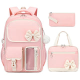 GeeWin Girls Backpack for School with Lunch Box & Pencil Case Set, 17 Inch Waterproof Cute Bow Girls Bookbag for Kids, Teens, Elementary Middle High College School Student (Pink/Beige)
