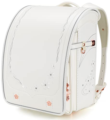 IwaiLoft Ransel Randoseru Backpack Automatic Satchel Japanese School Bag Cherry Blossom Sakura Embroidery PU Bookbag for Girls (White)