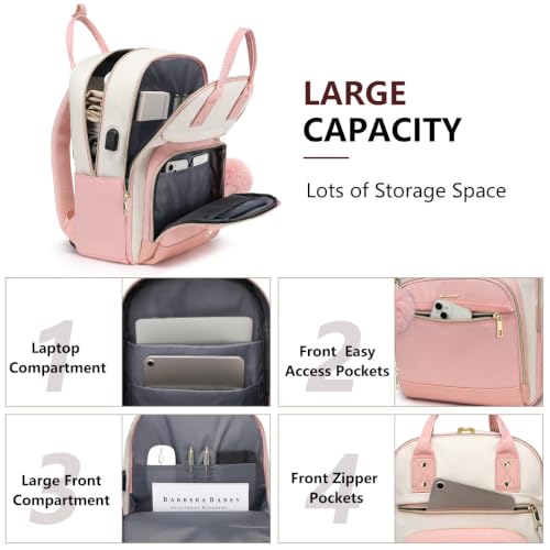 Laptop Backpack for Women College Bookbag: 15.6 Inch Cute Work Backpacks with USB Charger Waterproof Stylish Womens Computer Bag for Teachers Nurses Casual Business Travel Back Pack (Pink Beige)