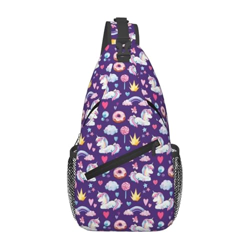 KOSUES Unicorns Rainbow Donut Lollipop Crown Star Heart Sling Bag Casual Crossbody Bag Sports Shoulder Backpack Travel Chest Pack Cycling Cross Bags Gym Hiking Daypack
