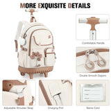 ACESAK Rolling Backpack for Girls - Roller Wheels School bag with Lunch Bag & Pencil Pouch for Teen Girls Kids Wheeled Suitcase Backpacks, Elementary Middle School Travel Daypack(Beige Khaki)