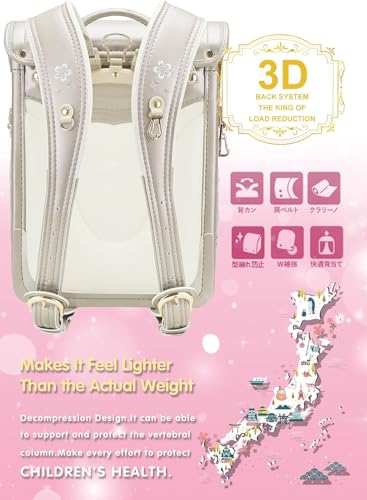 IwaiLoft Ransel Randoseru Backpack Automatic Satchel Japanese School Bag Cherry Blossom Sakura Embroidery PU Bookbag (Aiboly)