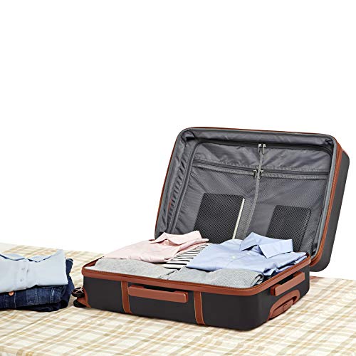 Amazon Basics 26-inch Hardside Checked Luggage With Leather Detailing, Expandable Spinner Suitcase With 8 Multi-directional Wheels, Scratch-Resistant Surface, Black
