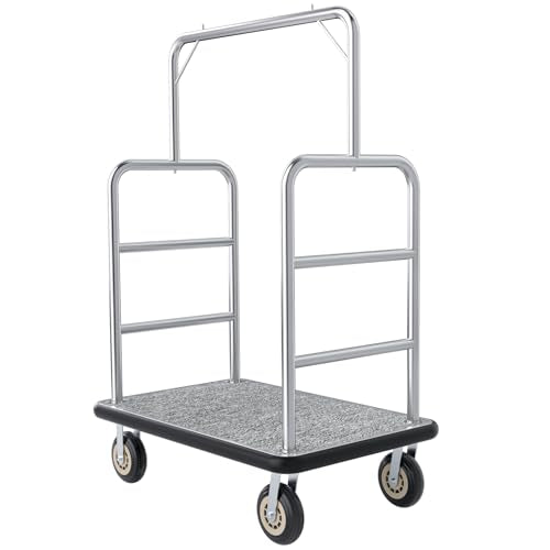 Hotel Luggage Cart, 1300LBS Bellman's Cart with 8" Wheels & Heavy Duty, Brushed Stainless Steel Luggage Trolley, Commercial Grade Hotel Luggage Trolley for Hotels, Resorts(Gray/42 Lx 26" W x 70" H)