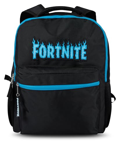 Fortnite Backpack for Kids & Adults, 16” Bookbag with Fortnite Rubber Molded Flame Logo 3D Patch & Rubber Logo Dangle, Black
