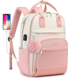 Laptop Backpack for Women College Bookbag: 15.6 Inch Cute Work Backpacks with USB Charger Waterproof Stylish Womens Computer Bag for Teachers Nurses Casual Business Travel Back Pack (Pink Beige)